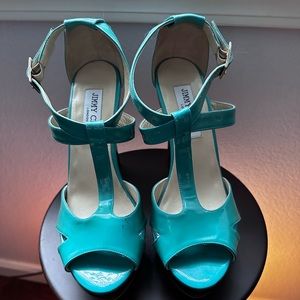 Jimmy Choo Italy Strappy Patent Leather Sandals | Size 38.5| Teal 5” Heel